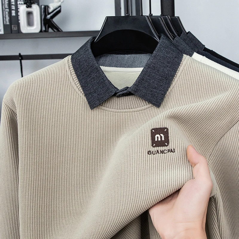 

Luxury Man Long Sleeves Hoodie Fake Two-Piece Design Thicken Fleece-Lined Lapel Korean-Style Embroidery Pullover Autumn MensTops