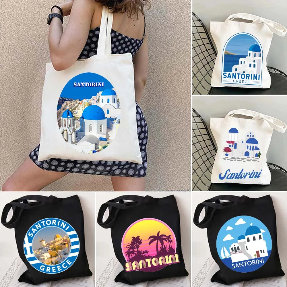 Santorini Greece Emblem Greek Evil Eye Greek Goddess Artemis Island Landscape Shopper Canvas Cotton Totes Bags Shopping Handbags