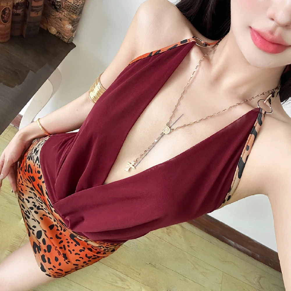 SylCue Mode Patchwork Mini Kleid Frauen Halter Swing Kragen Backless Leopard Print Saum Mitternacht Club Party Elegante Outfits