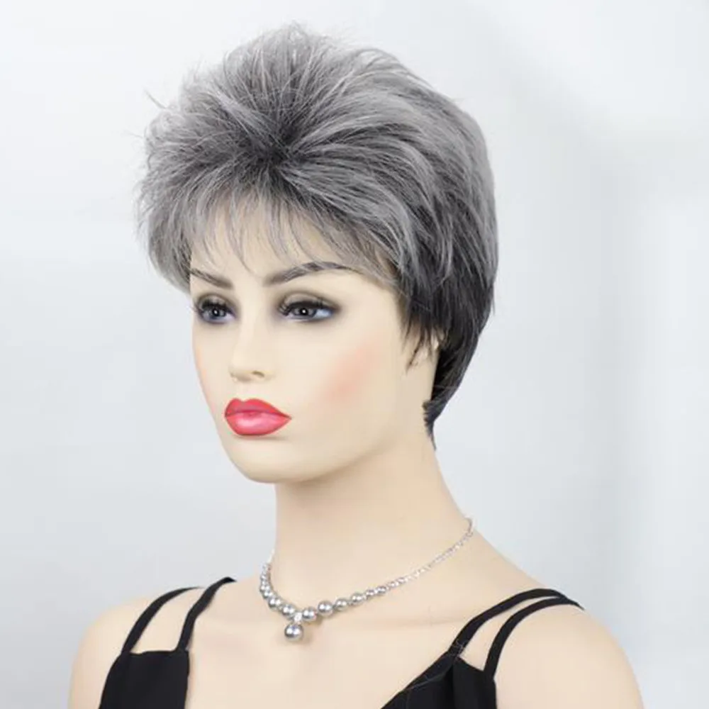 Peluca corta sintética para mujer, pelo esponjoso gris Natural, pelo suave para mamá, uso diario, pelo liso texturizado para fiesta, disfraz de Cosplay