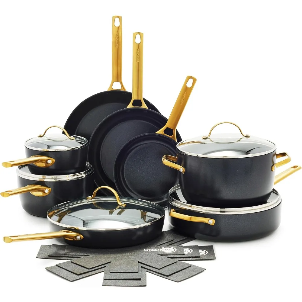 Reserve Hard Anodized Healthy Ceramic Nonstick, 16 Piece Cookware Pots and Pans Set, Gold Handle, PFAS-Free