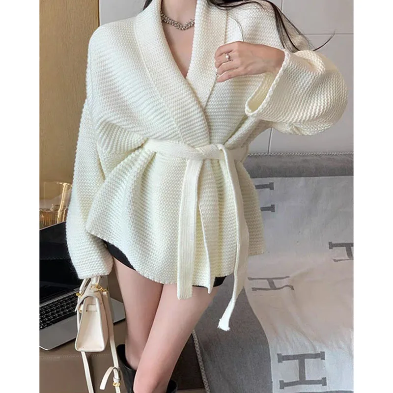 High-End Design Sweater Coat Ladies Autumn And Winter Soft Waxy Sweater Casual Tie Waist Cardigan Tie Solid Color V-Neck Sweater