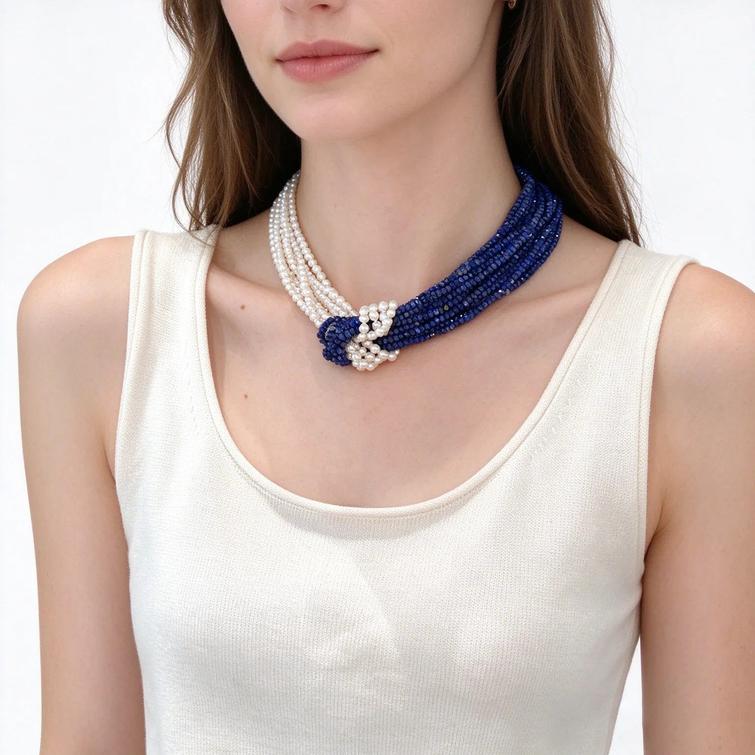Women's 8 Strands Natural White Pearl Lapis Lazuli Necklace Multi Strands Pearl Necklace 19