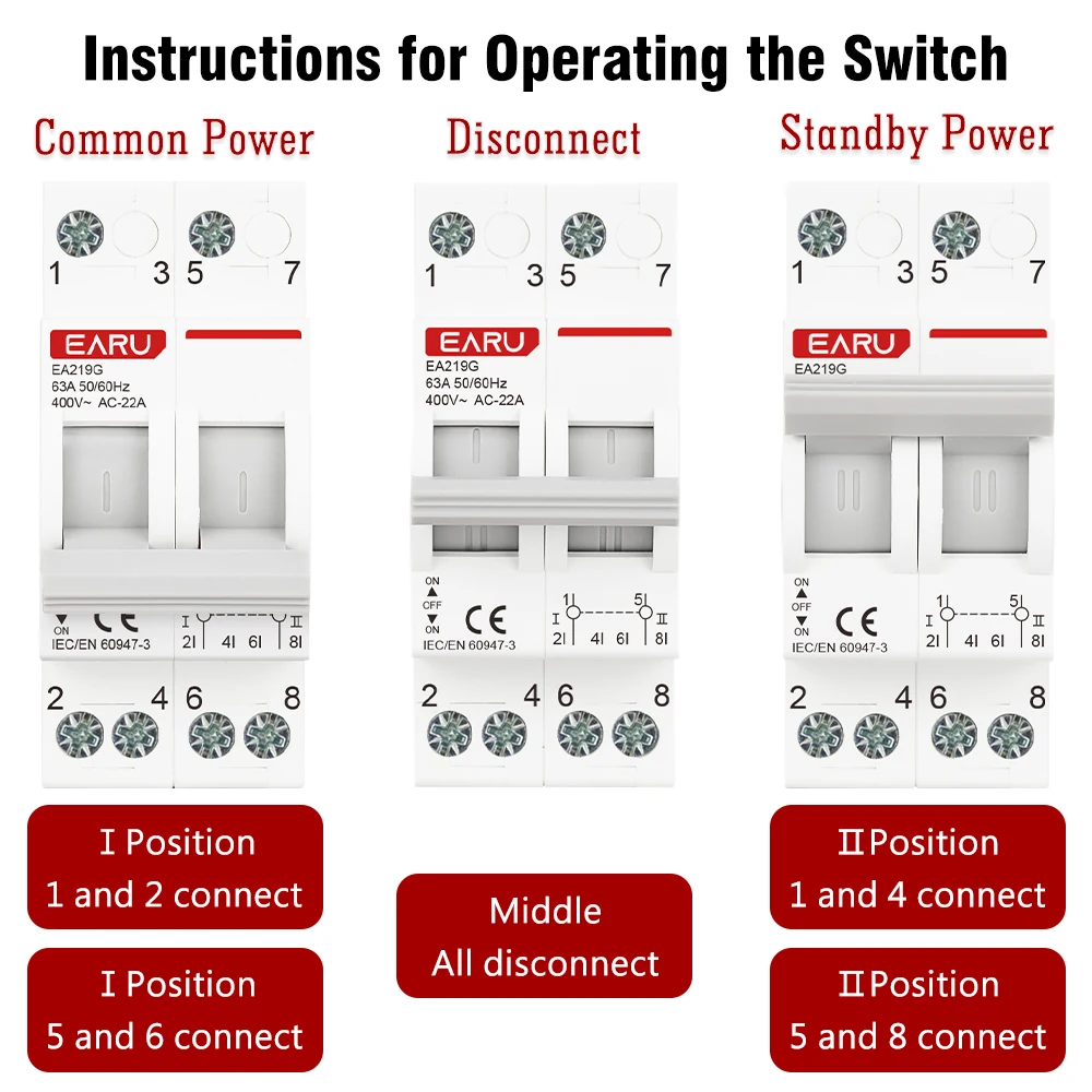 1P 2P 3P 4P 40A 63A MTS Dual Power Manual Transfer Interlock Circuit Breaker Din Rail Isolating Discounnecting Switch image 4