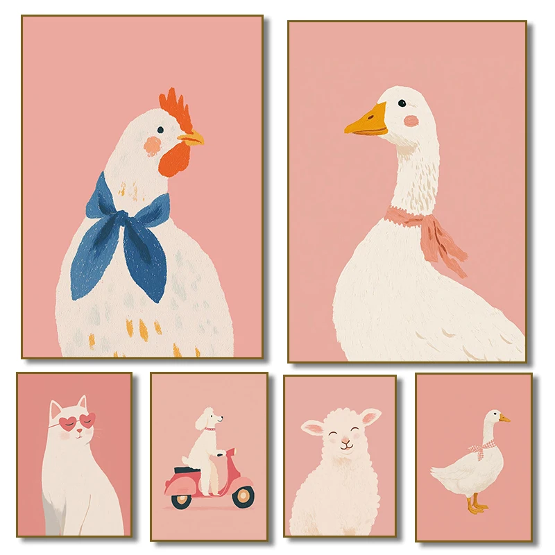 Pink Cute Goose Cat Poodle on Scooter Lamb Swan Poster Canvas Painting Print for Kids Room Nursery Home Decor Cuadros