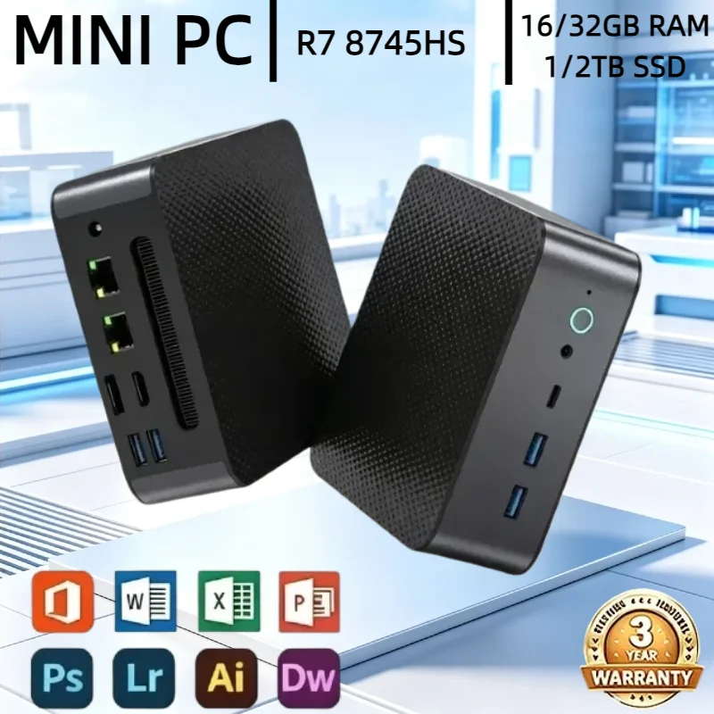 New Mini PC Server Dual RJ45 2.5G High-Performance Portable Ryzen7 8745HS Micro Desktop Office Type-C DP HD 3Display NVMe DDR5
