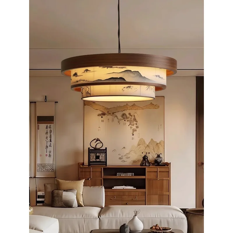 

Living room chandelier Song Dynasty aesthetics round walnut solid wood painted bamboo leaf living room main lamp Chinese dining