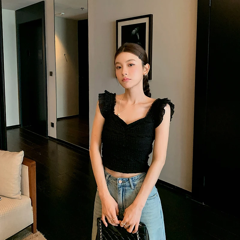 Women Summer Sweet Elastic Lace Sleeveless Casual Versatile Holiday Short Tops