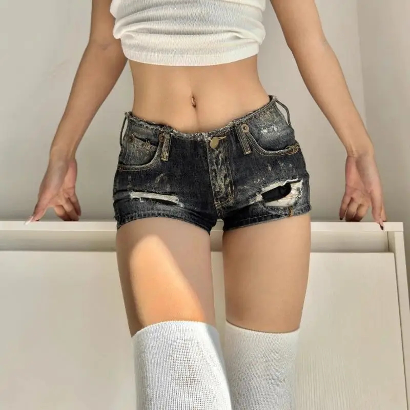 

Y2K Harajuku Gyaru Denim Shorts Low Waist Hole Slim Jeans Women Vintage Streetwear Summer