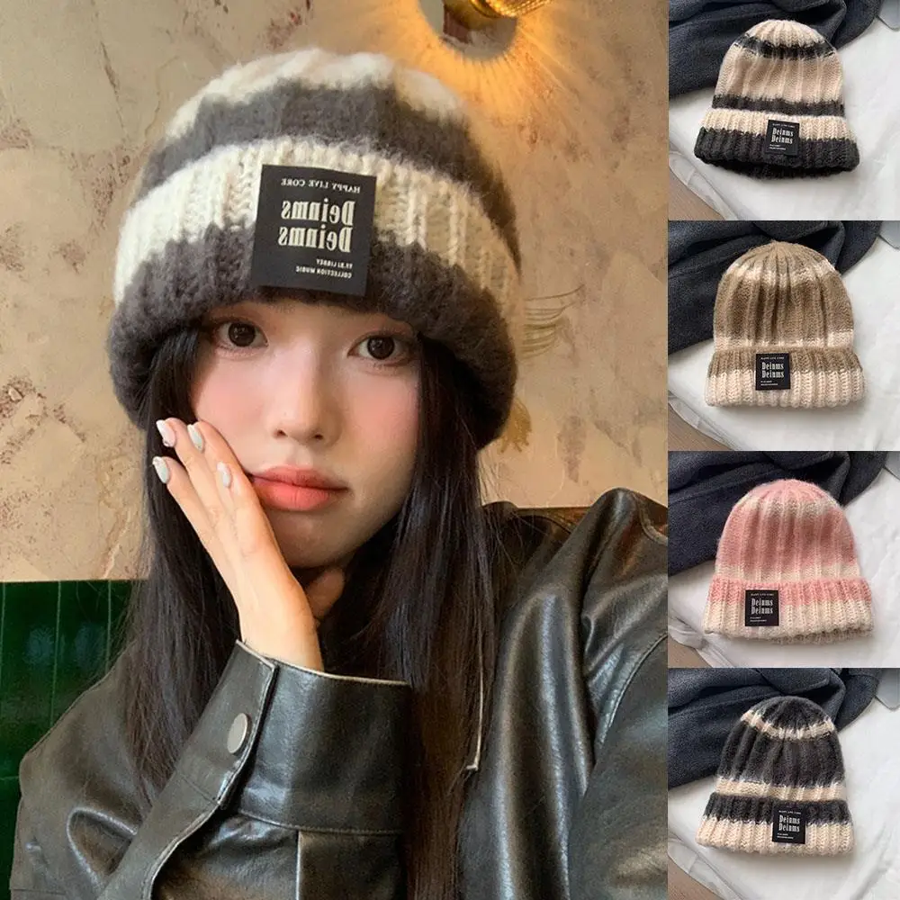 

Warm Winter Beanies Cap Striped Knitted Hat Piles Of Hats Women Woolen Caps Windproof Thicken Korean Slouchy Hats 2025 New In