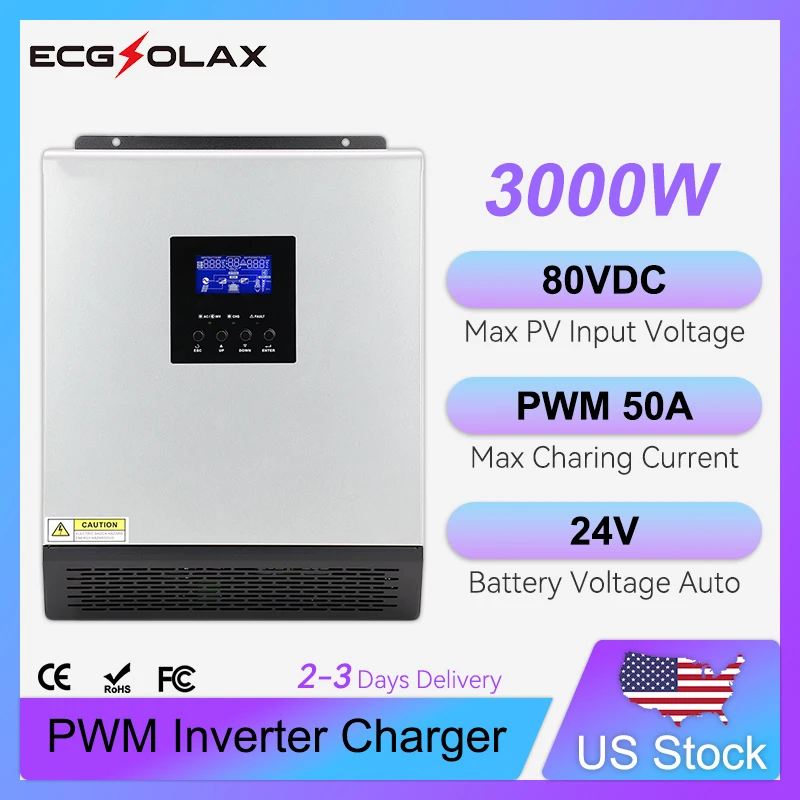 ECGSOLAX 3KVA عاكس شمسي هجين 24 فولت 110 فولت مدمج 50A PWM جهاز التحكم بالشحن بالطاقة الشمسية 2400 واط موجة جيبية نقية عاكس هجين للطاقة الشمسية