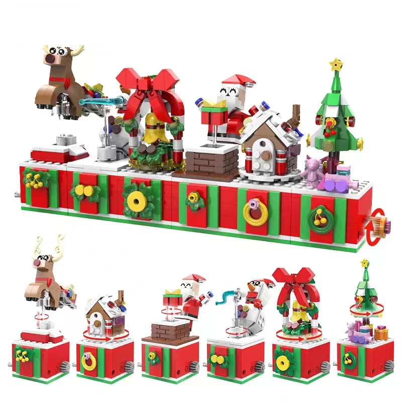 6in1 Moving Christmas Decoration Building Blocks Gingerbread House Bell Elk Santa Tree Snowman Bricks Children Set Toys Gift