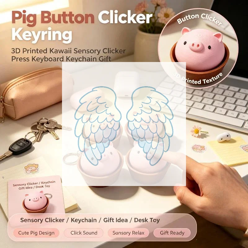 3D Printed Button Clicker Keyring Pig Kawaii Sensory Clicker Relaxed Creative Press Keyboard Keychain Gift