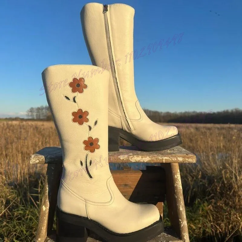 Botas de plataforma con bordado de flores rojas Para mujer, Zapatos de media caña con punta redonda, de cuero mate, tacón grueso, 2024