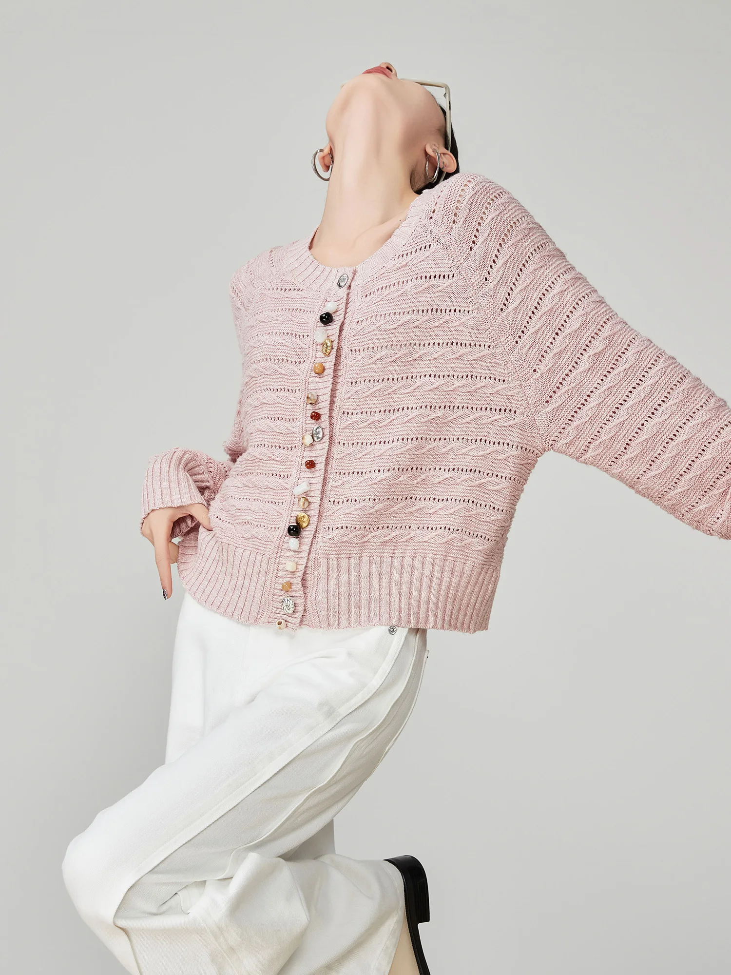 

Pink Wave Pattern Knitted Open Cardigan Women's Soft Cozy Spring 2025 New Korean Sle Loose Fit Long Sve round Ne Sweater