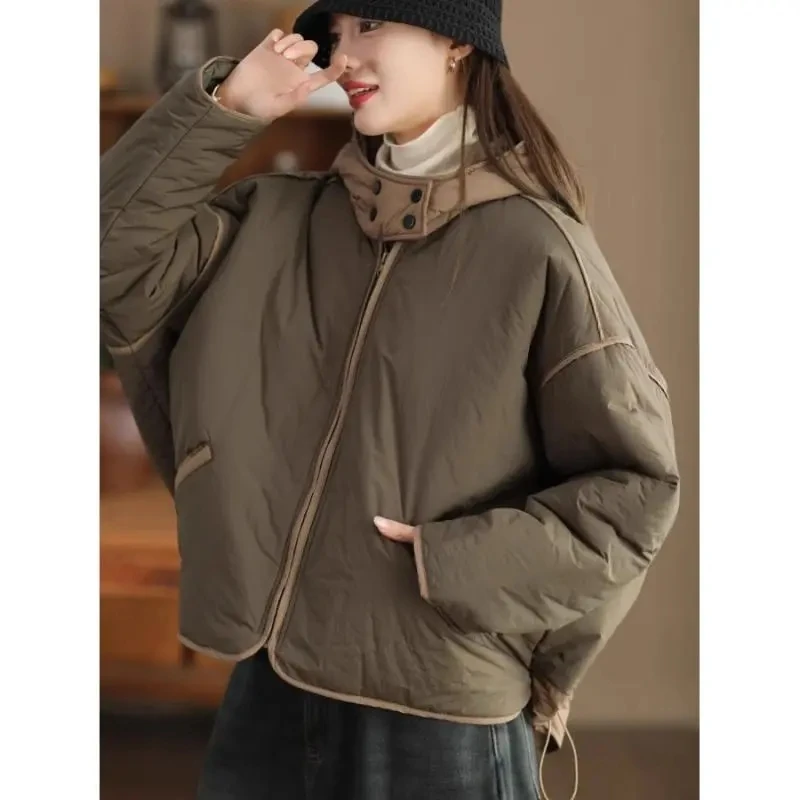 Women's Autumn And Winter Fashion Contrasting Color Quilted Jacket Hooded Drawstring Swing Loose Thin Cotton Warm Coat w1502