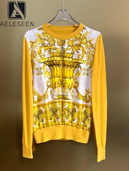 AELESEEN High Qaulity Autumn Top Women Designer Sicilian Silk Wool Kintted Patchwork Yellow Porcelian Printed Casual Sweater