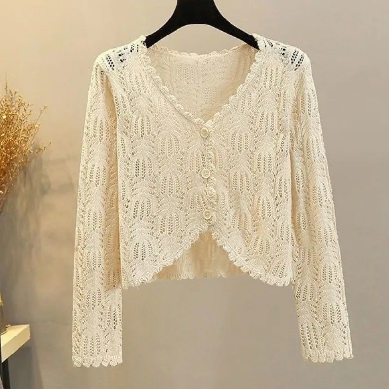 Summer New Knitted Women\'s Long-sleeved Short Sun Protection Feminine Temperament Simple Versatile Flower Hollow Out Cardigan