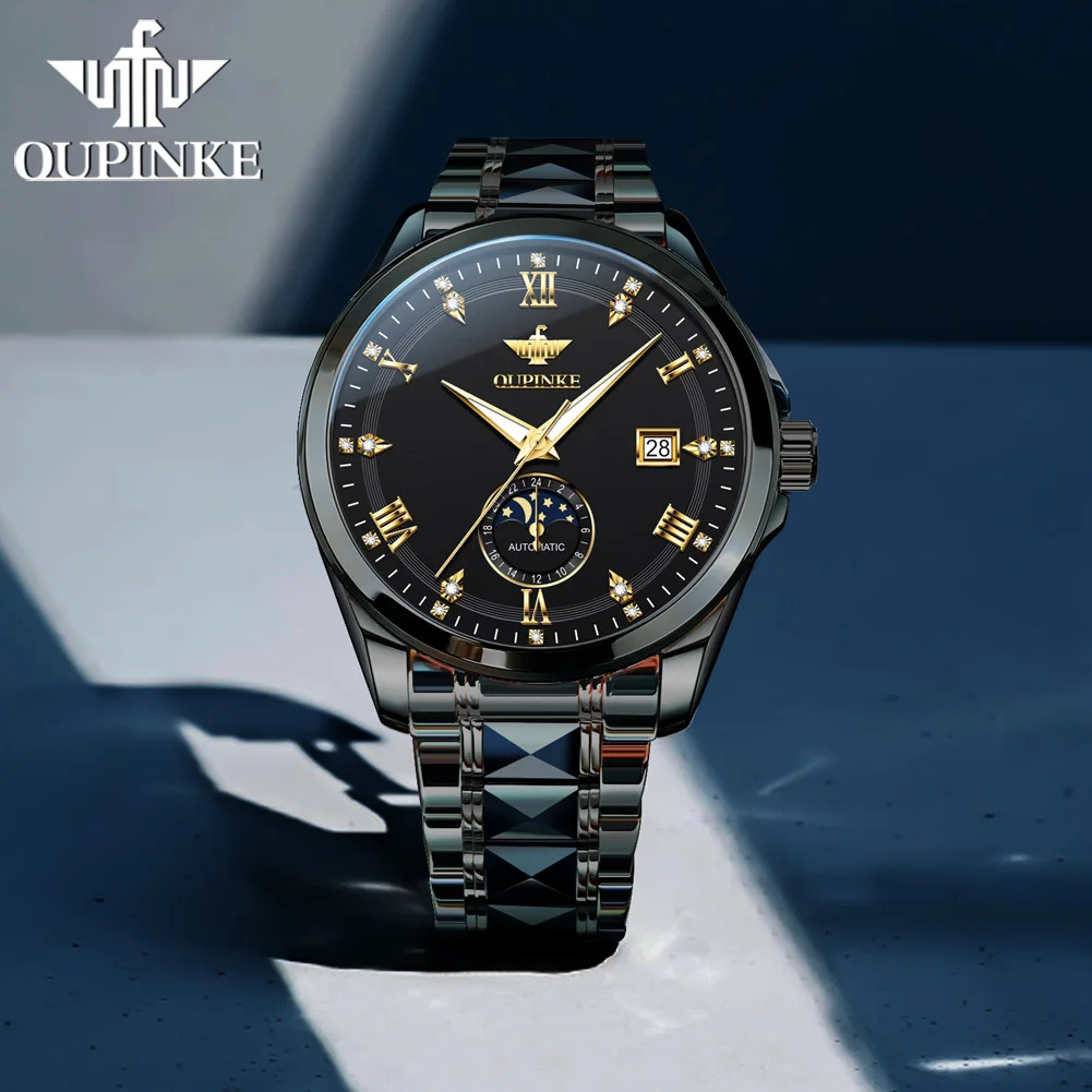 OUPINKE 3265 ساعة رجالي أصلية فاخرة من أفضل العلامات التجارية ساعة ميكانيكية أوتوماتيكية 50 متر مقاوم للماء مرحلة القمر تاريخ ساعة جودة عالية
