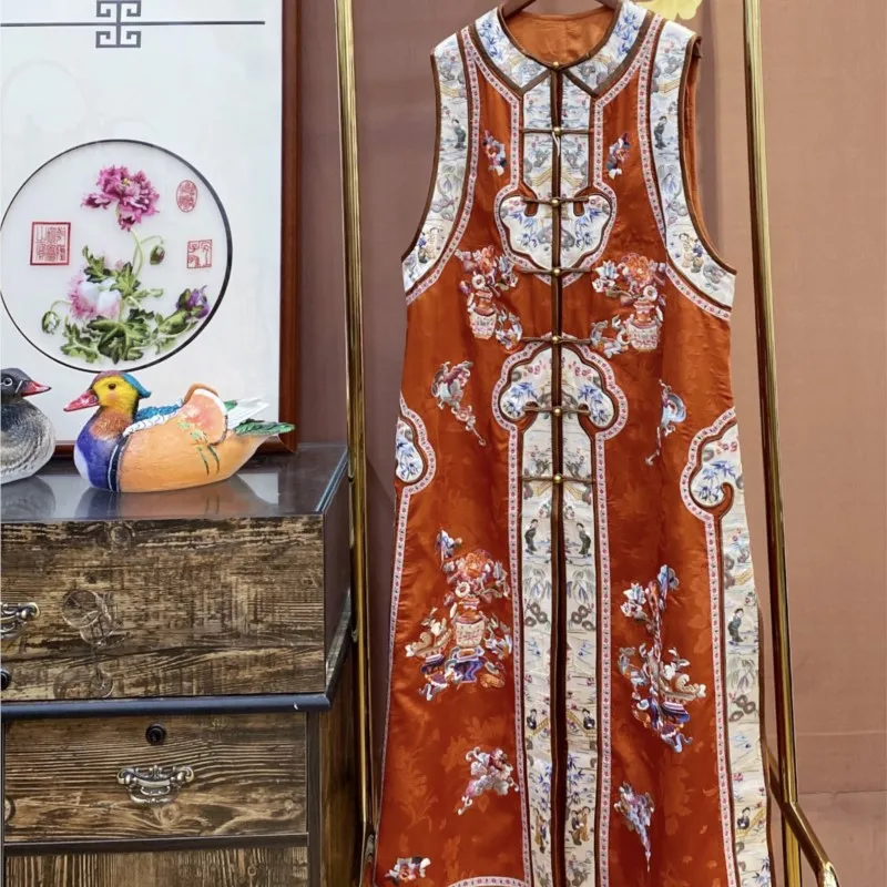 

New jacquard satin heavy work embroidery Qing Han female style long vest with front waistcoat