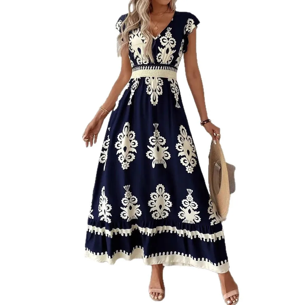 Abito lungo Boho stampato floreale moda estiva donna scollo a V manica volante vacanza vacanza spiaggia vestito estivo abiti da festa abiti