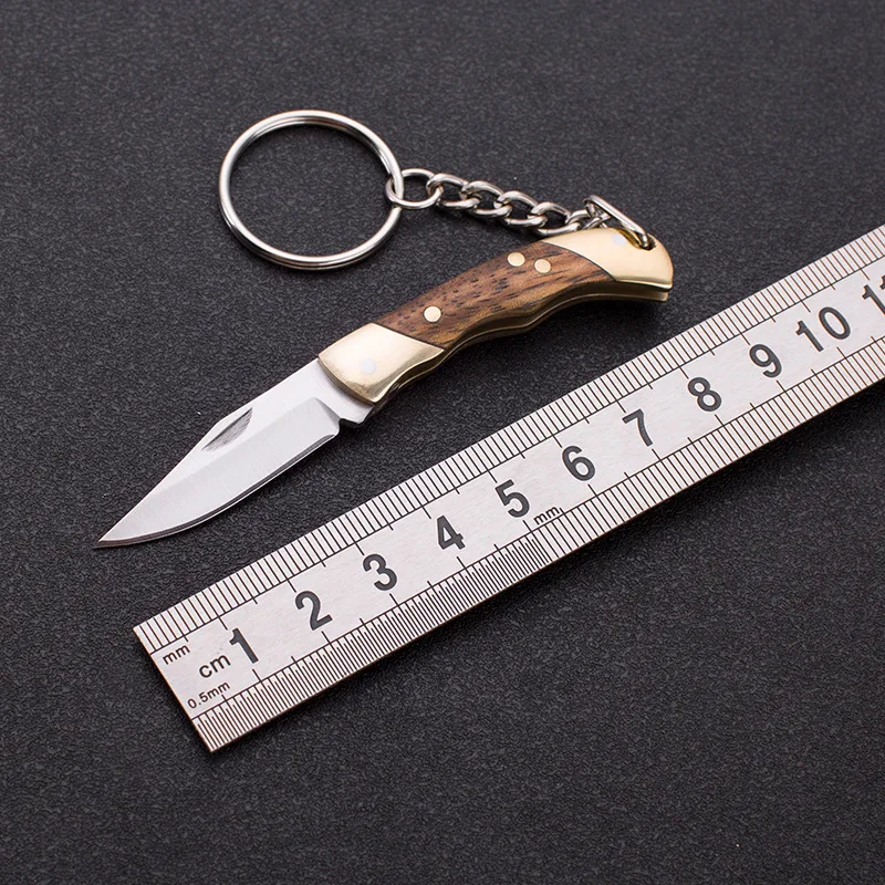 Outdoor camping pocket knife, self-defense knife, open package mini knife, colorful wooden handle, portable key chain pendant