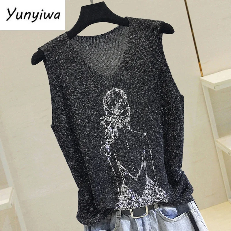 Knitted Vest Tank Top Women Onesize V-neck Streetwear Casual Tank Top Women Summer Thin Bright Silk Sleeveless Vest Outwear Tops