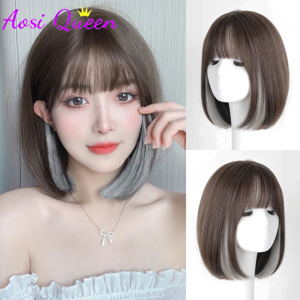 Pelucas sintéticas AS White Tea Grey para colgar en la oreja para mujer, peluca recta Bob con flequillo, pelucas para fiesta de Cosplay diarias de alta temperatura