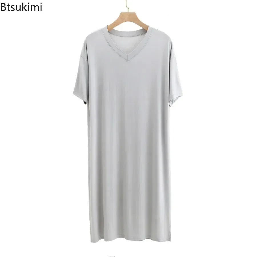 2025 Men\'s Modal Pajamas Home Clothes Short-sleeved V-neck Mid-length One-piece Nightgown Summer Men\'s Solid Loose Thin Bathrobe