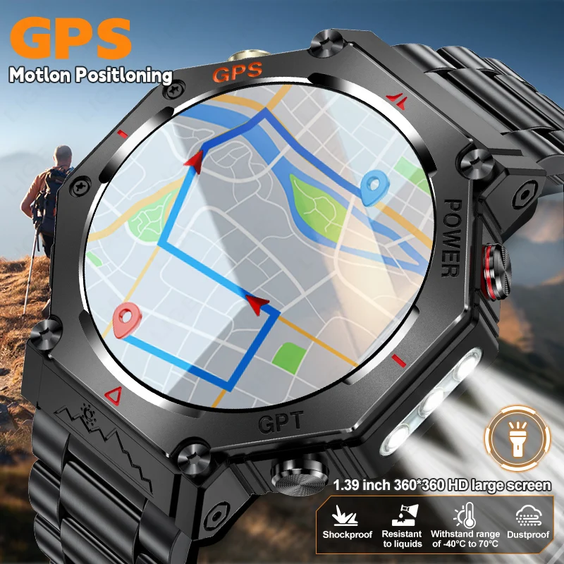 

LIGE New Rugged Outdoor Sports GPS Path Tracking Smart Watch With Flashlight Compass 3ATM Waterproof Bluetooth Call Smartwatch