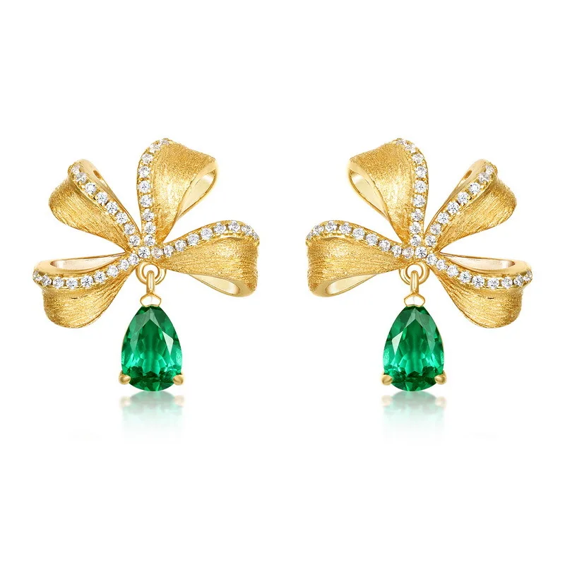 

French hot simple fashion style hand-drawn craft flower earrings micro-inlaid emerald lady birthday jewelry gift