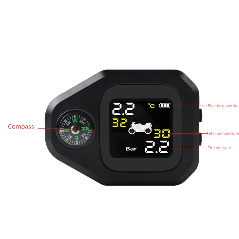 Waterdichte Motorfiets Real Time Bandenspanning Monitoring Systeem Tpms Draadloze Lcd-Display Externe Sensoren Met Kompas