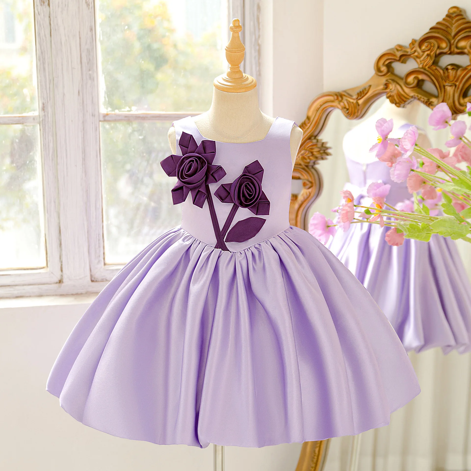 

Elegant Sweet Girls Satin Flower Princess Dress For Children Wedding Birthday Party Pageant Formal Evening Performance Vestidos