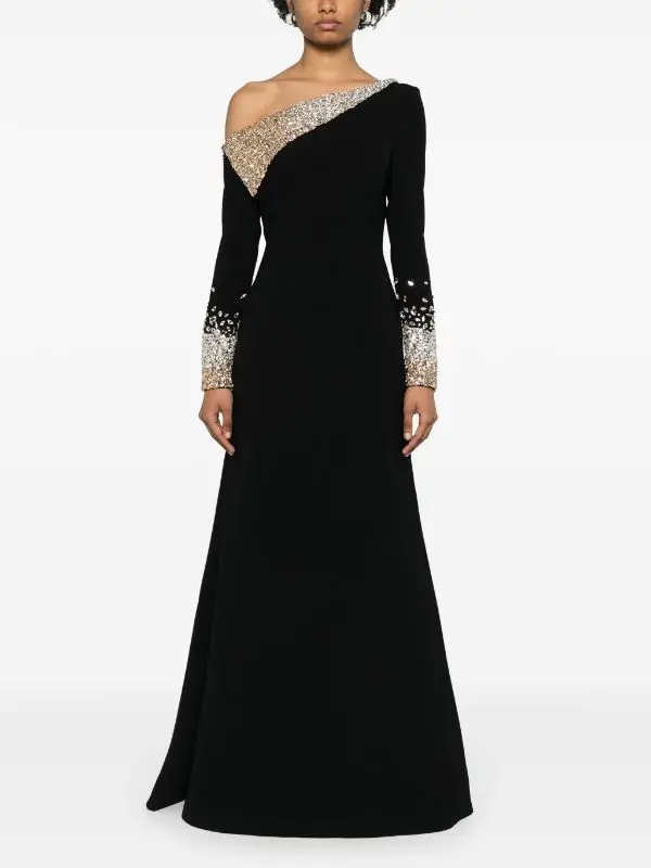 2253 Black Long Sleeves Crepe Beaded Mermaid vestidos de noche vestidos de galaevening dresses فستان العيد