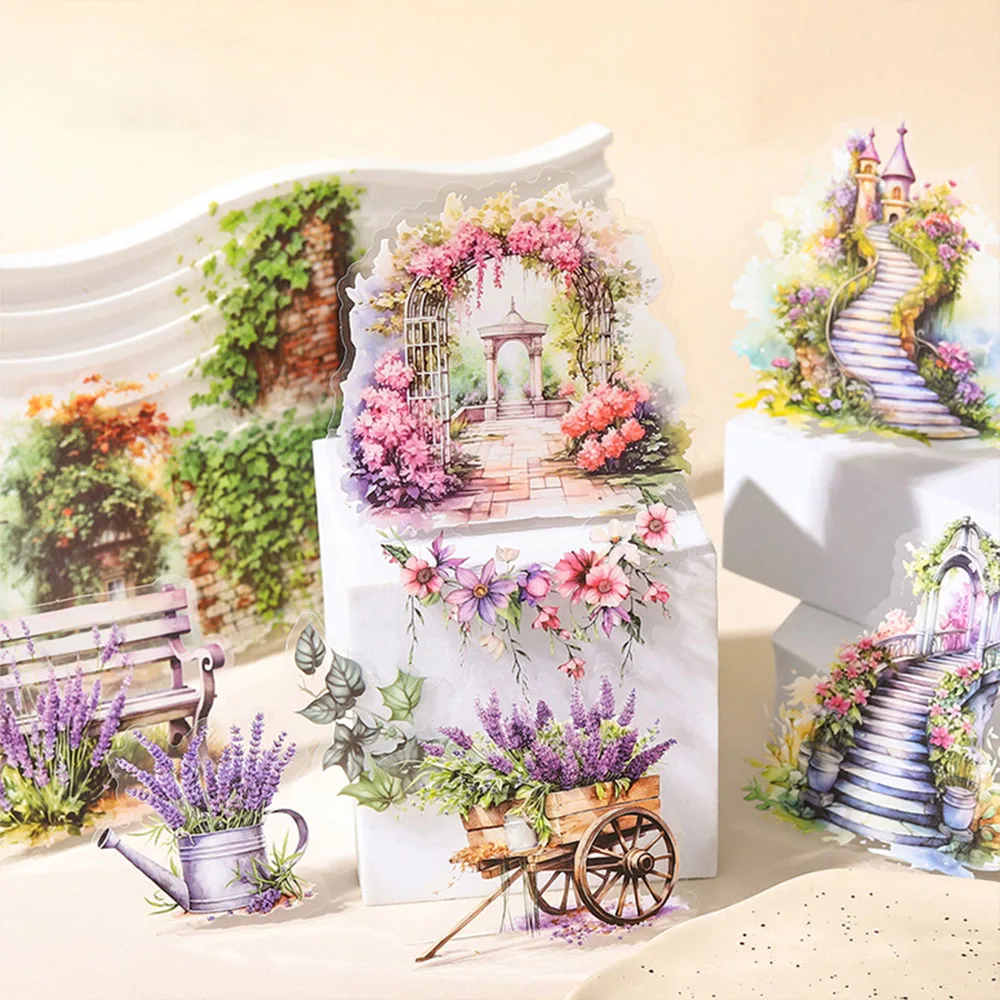 Juego de pegatinas de escena de jardín Retro, 180 Uds./6 paquetes, colores mezclados, pegatinas autoadhesivas reutilizables con acabado de microluz, adecuadas para