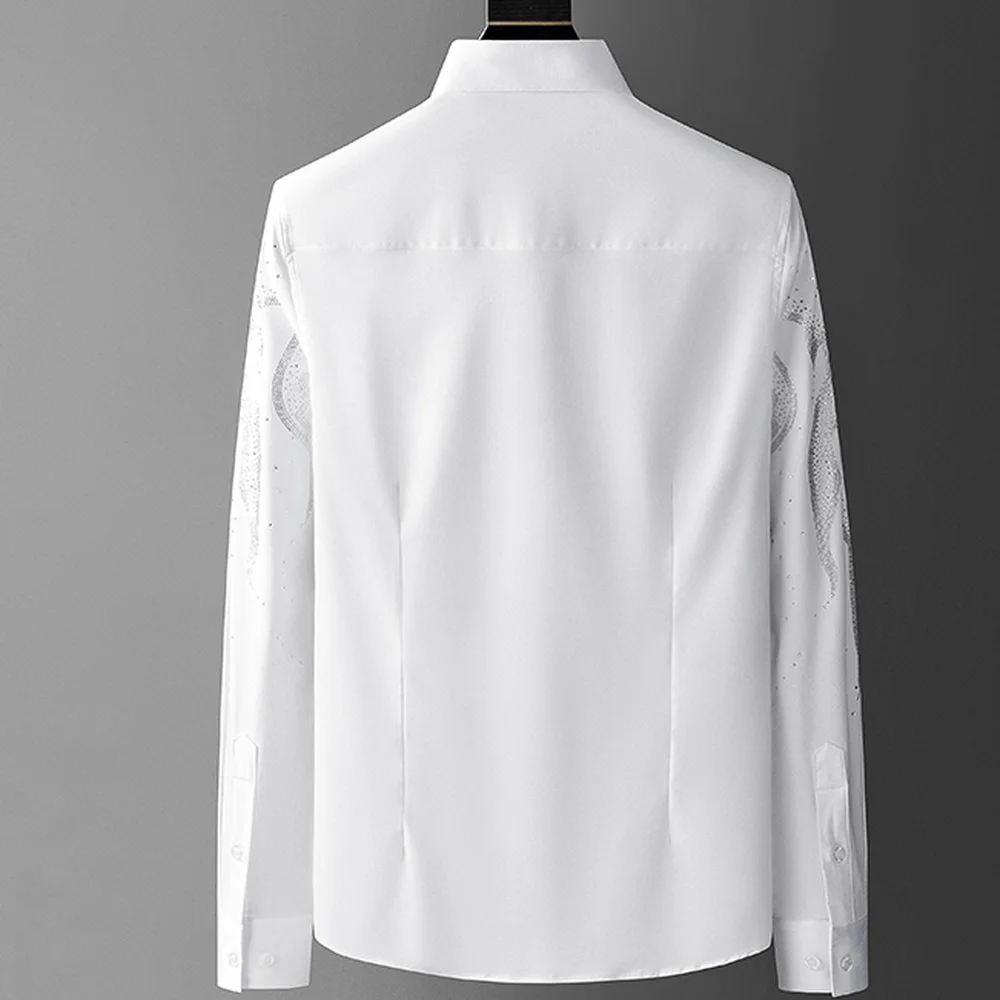 Camisas de strass de luxo masculina, monocromática, manga comprida, casual, fina, festa social, smoking, negócio, vestido formal