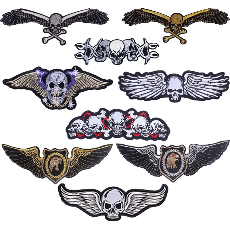 Pulaqi Large Embroidery Patches For Clothes Stripe Big Leather Punk Skull Patch Iron Biker Wings Back Patch DIY Stalkers Badges