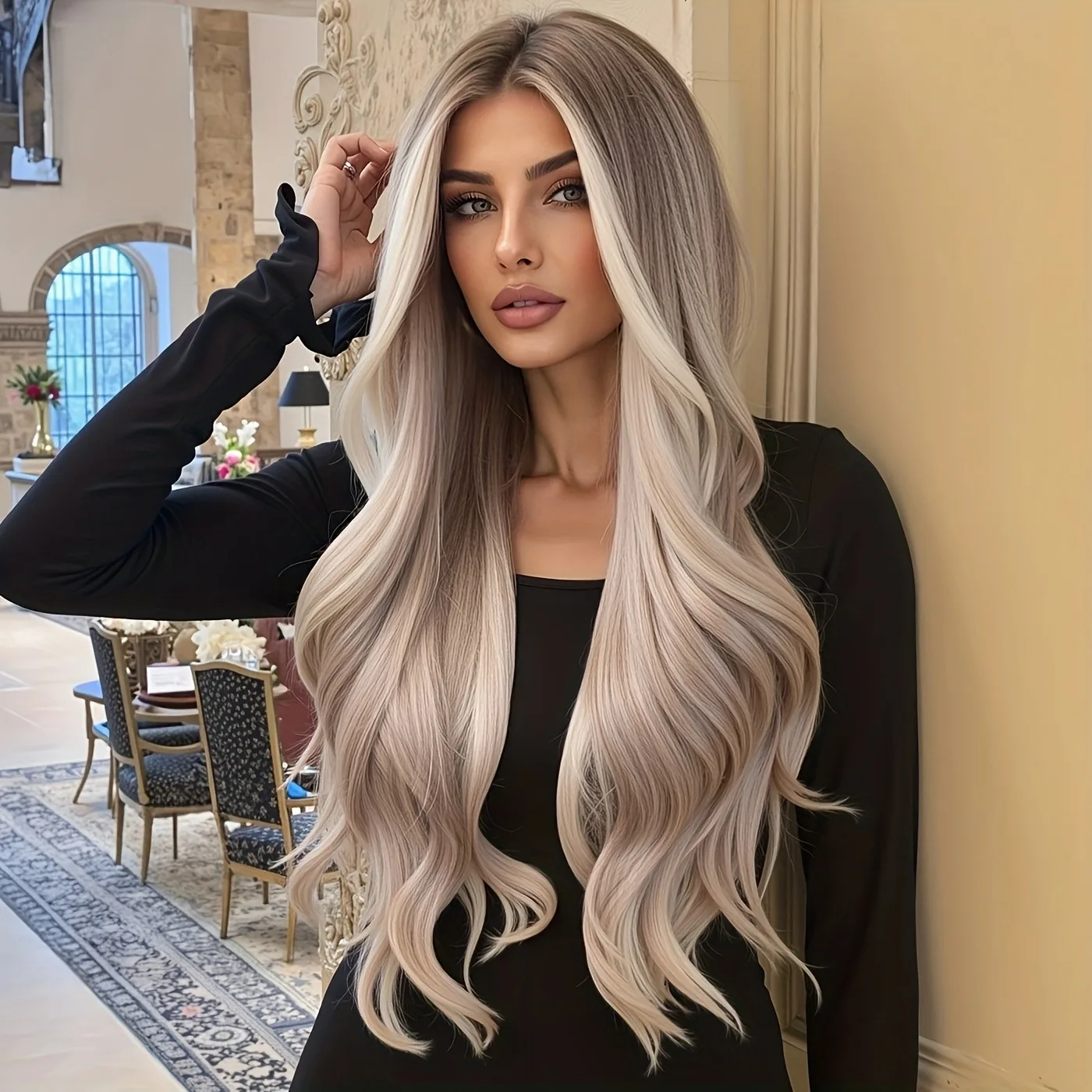 

28-дюймовый длинный вьющийся синтетический парик цвета шампанского золотого цвета с челкой, подходит для женщин - пушистый, толстый, вьющийся, золотой, удобный для всех возрастов.