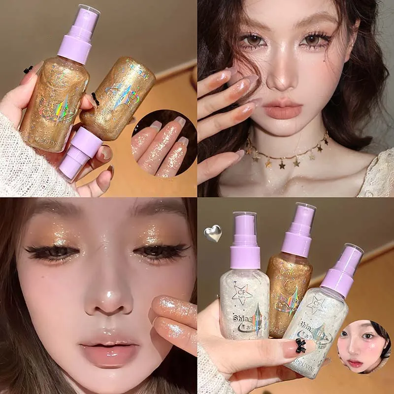 Diamentowy Spray do Makijażu z Brokatem na Twarz i Ciało Szampański Fioletowy Bronzer Płynny Rozświetlacz Flash Spray Shimmer do Twarzy, Ciała i Włosów