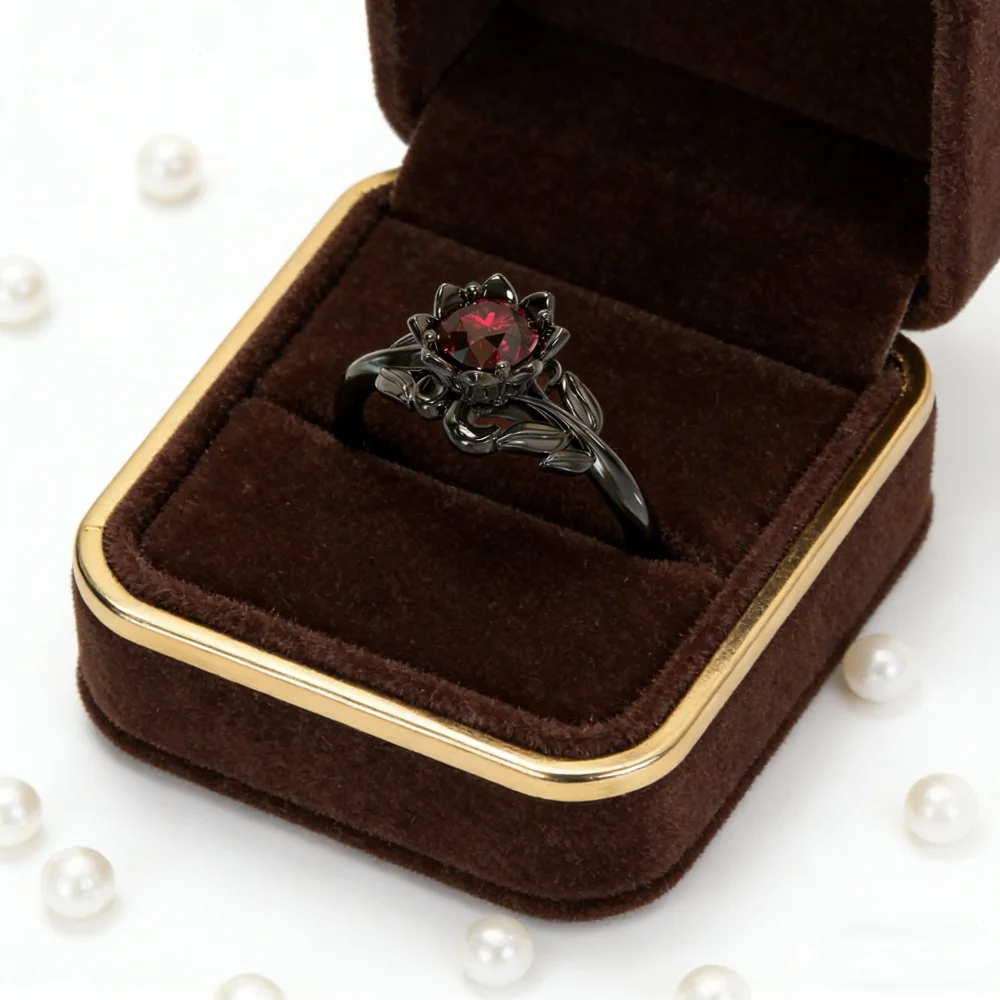 

New Elegant Black Flower Shape Zircon Ring for Women Wedding Engagement Jewelry Accessory Sizes 5-11
