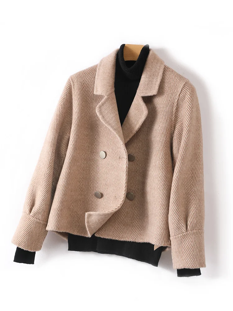 Large Lapel Short Buckle 100% Pure Wool Coat Female Reversible Woolen Coat Fashion Girl All-Matching Women\'s Wear
