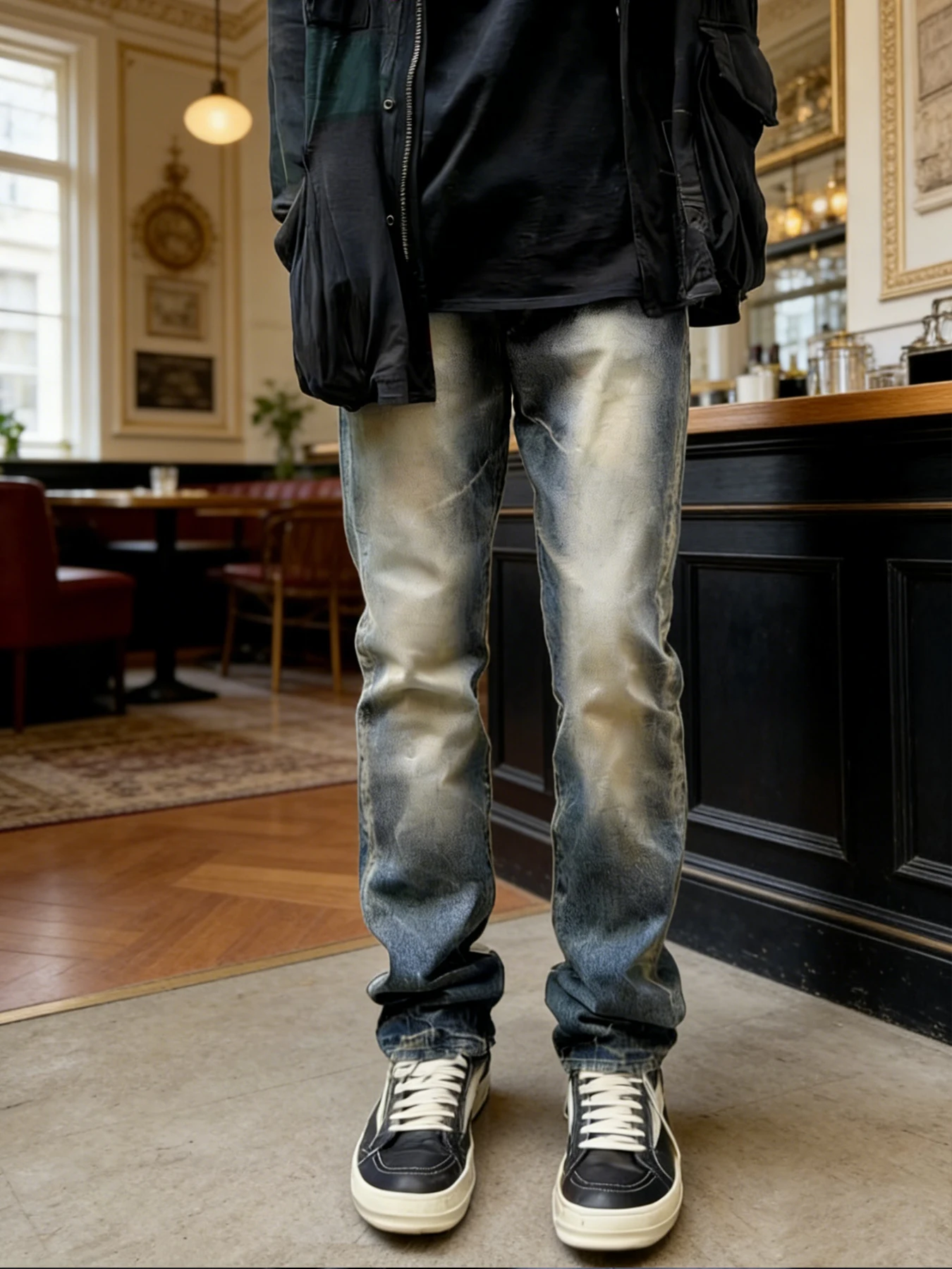 

Джинсовые брюки с градиентным дизайном, узкого кроя, подчеркивающие красоту ног, подходят для различных модных образов.