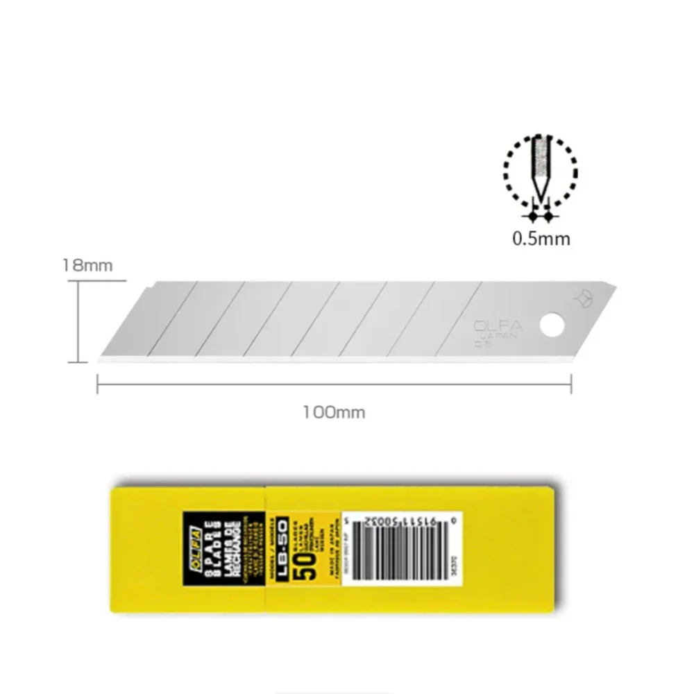 OLFA LB-50 Large Cutting Blade 18mm Width, Carbon Steel Heavy Duty Utility Blade Fit for Standard Large Utility Cutter