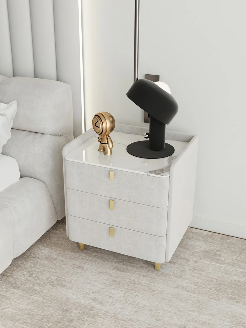 Bedside table wrapping skin modern simple three-pump all solid wood bedside storage cabinet metal feet