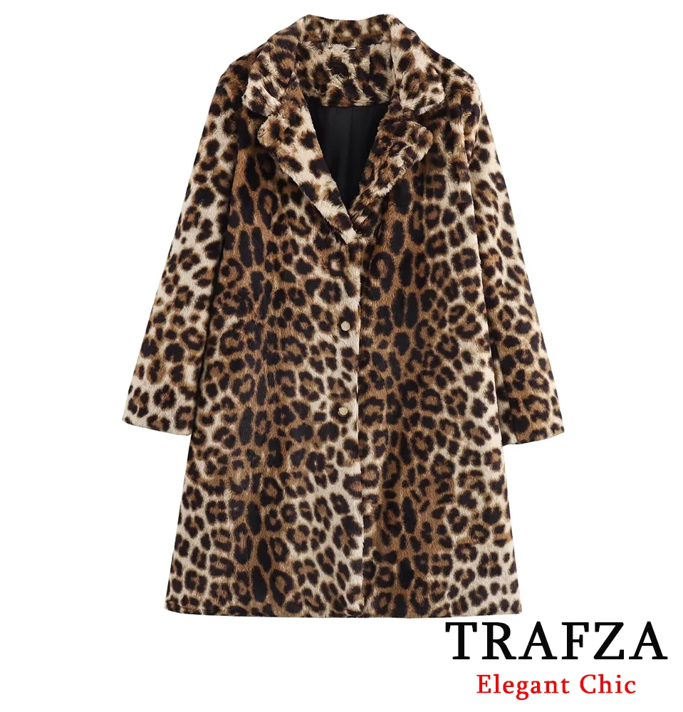 Women\'s Autumn Winter Leopard Plush Long Coat Lapel Buttons Long Coat TRAFZA New Fashion High Street Vacation Long Coat 1.5lb