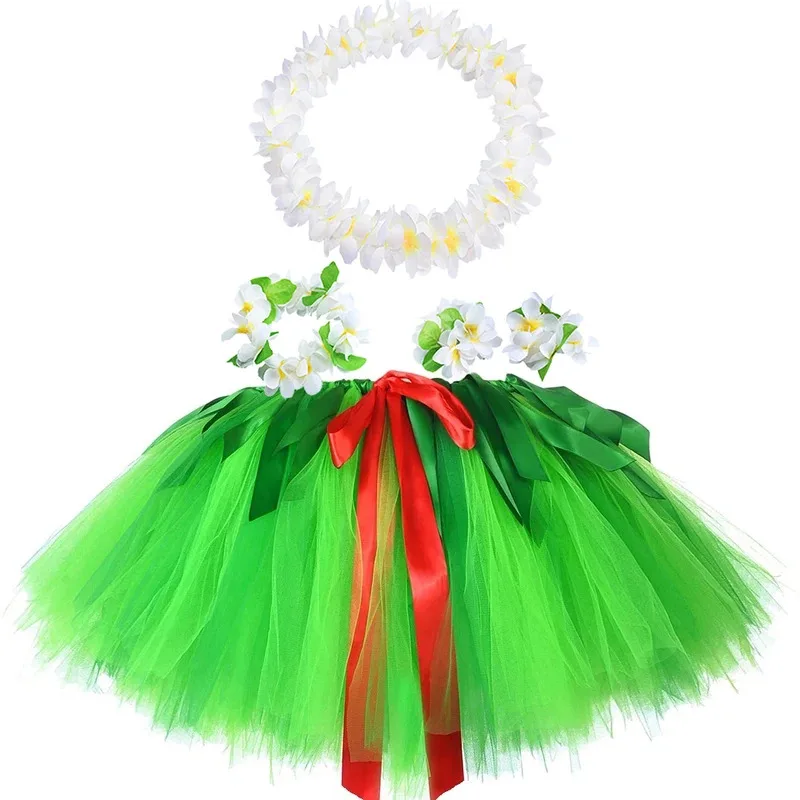Green Flowers Hawaii Tutu Skirt Outfit for Girls Hula Party Dress Up Costumes for Kids Luau Ballet Princess Tutus with Garland