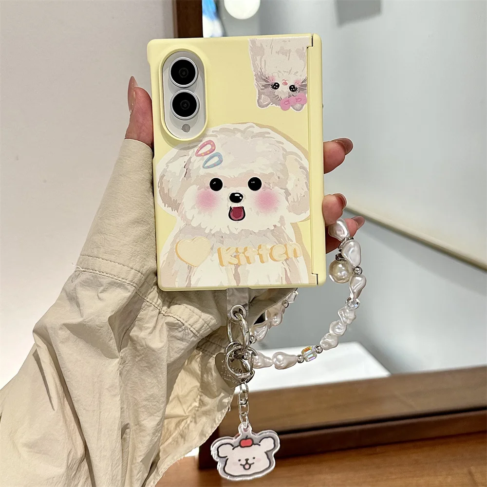 Kawaii Korean Ins Hairpin puppy Phone case for Samsung Galaxy Z Fold 8 fold 8 Funda With Stand Chain Fashion Shockproof Cover
