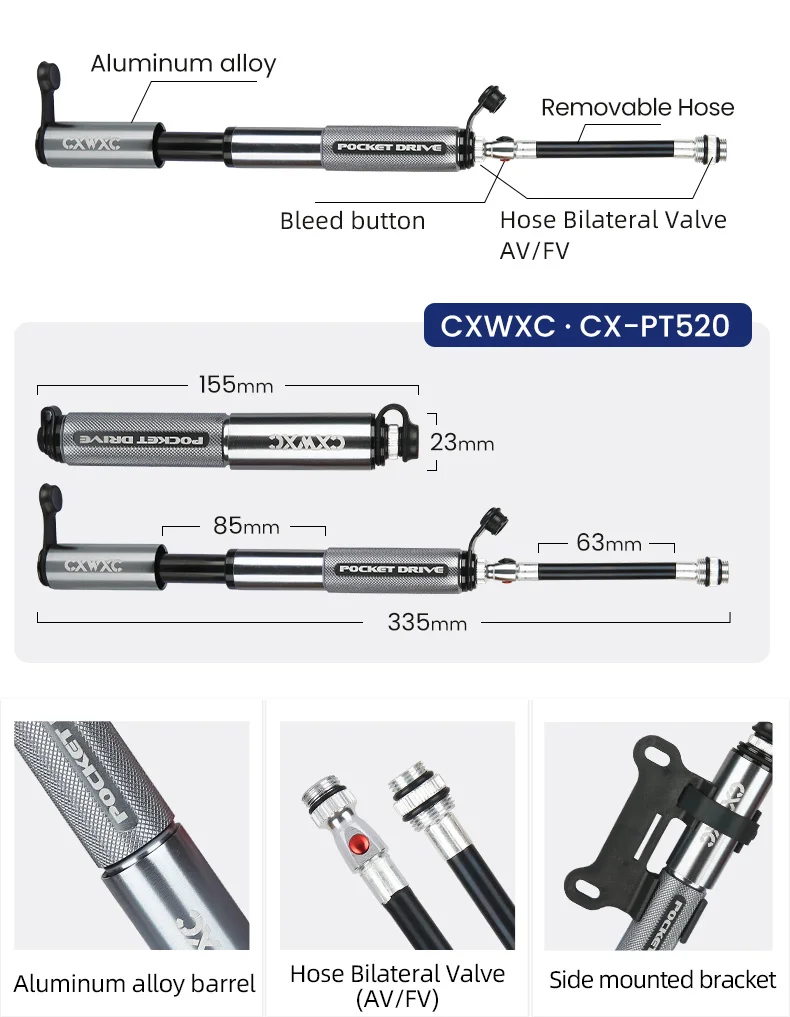 CXWXC Mini-Fahrradpumpe, max. 160 psi, tragbar, Schrader, Presta-Ventil, Luftpumpe, Aluminiumlegierung, Radfahren, versteckter Schlauch, Reifen, Handluftpumpe – Detail 6
