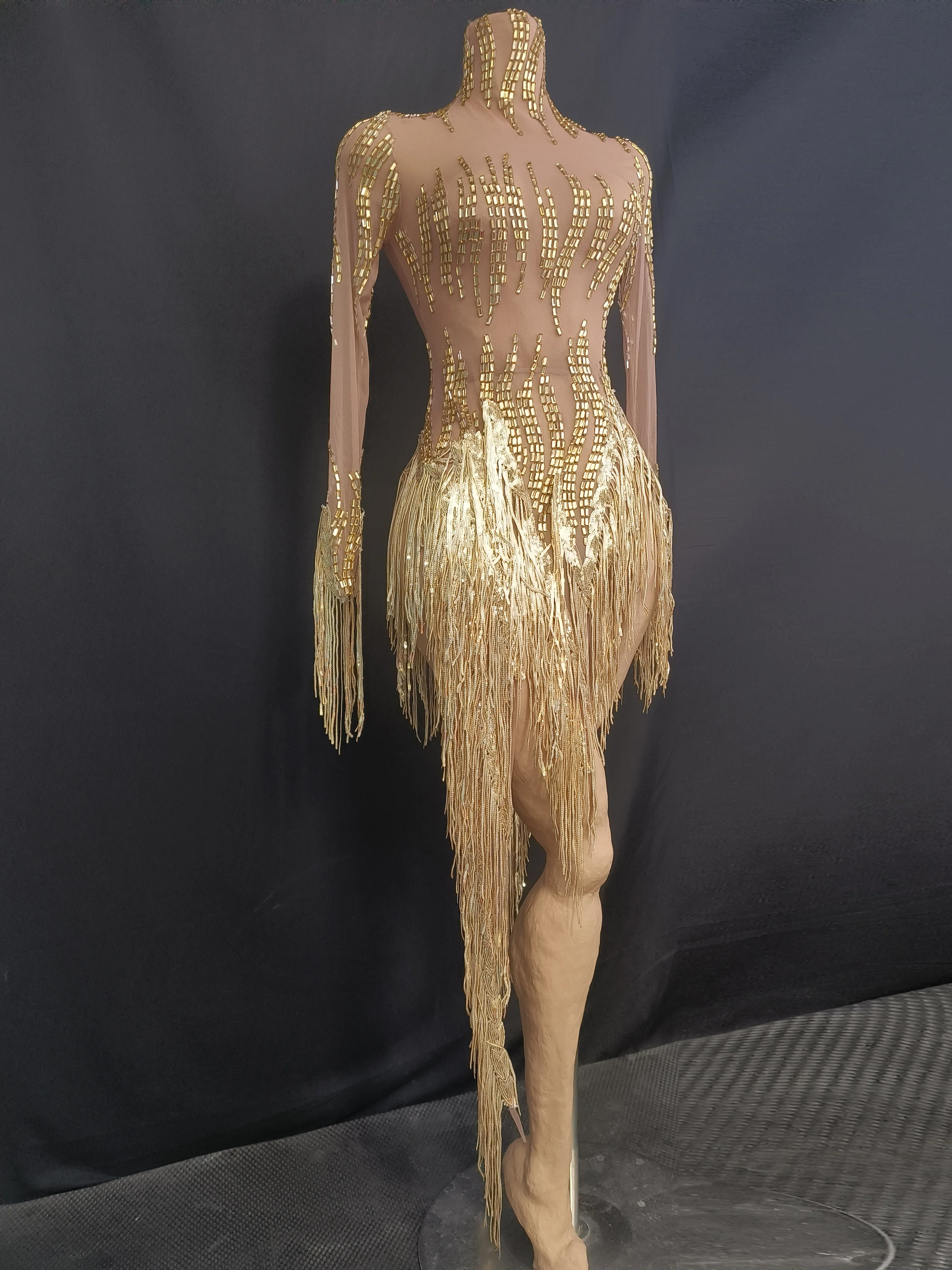 Sparkly Rhinestone Golden Sequins Tassel Sexy Transparent Dress Women Evening Birthday Party Nightclub Dance Singer Stage Outfit