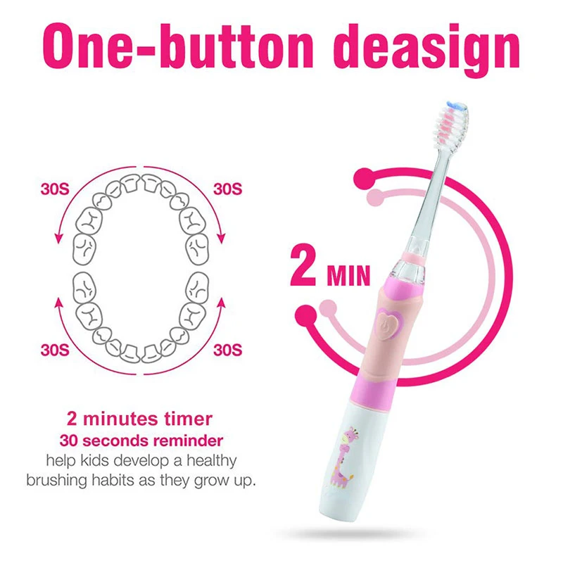 Kids Sonic Electric Toothbrush LED Timer Replaceable Brush Heads